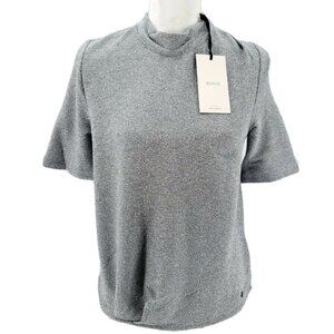 NWT NUMPH Silver Metallic High Neck Drapey Blouse Short Sleeve Mock Neck